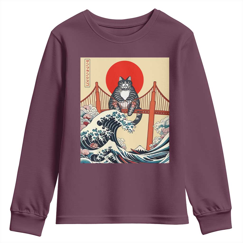 San Francisco Cat Youth Sweatshirt Vintage Japanese Anime Kawaii Cat Sunset TS14 Maroon Print Your Wear