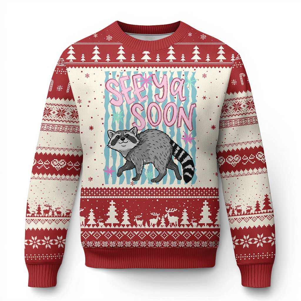 See Ya Soon Raccoon Ugly Christmas Sweater Funny Last Day of School TS14 Beige Red Print Your Wear