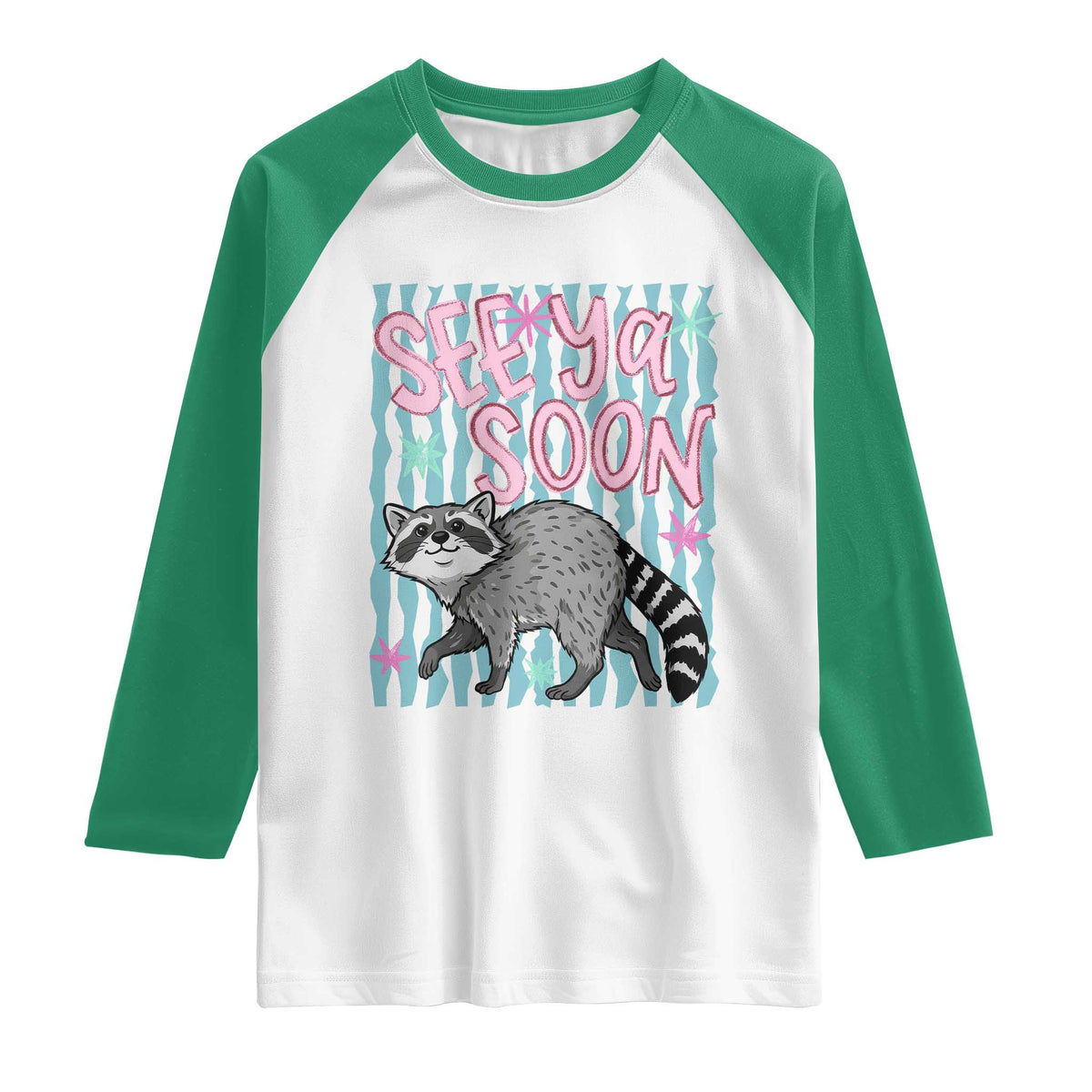 See Ya Soon Raccoon Raglan Shirt Funny Last Day of School TS14 White Kelly Green Print Your Wear