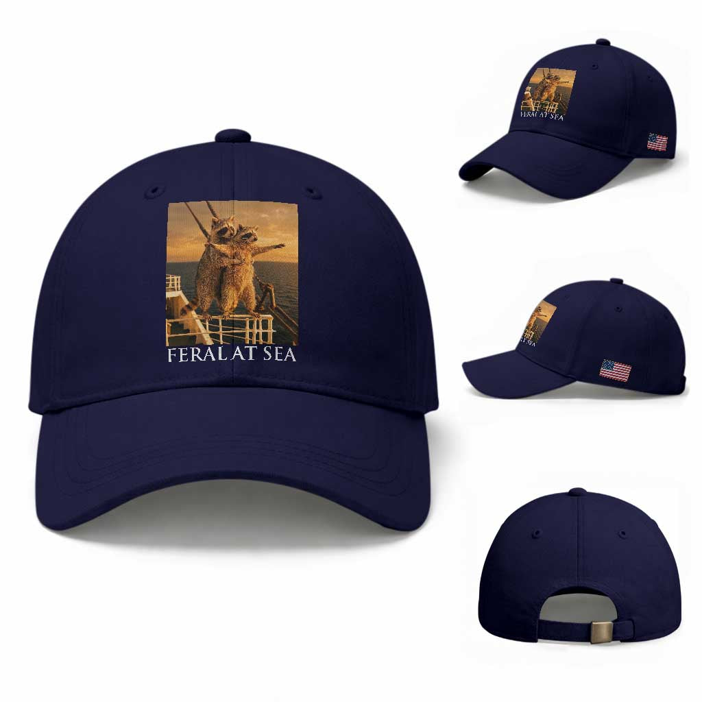 Vintage Feral At Sea Cruise Baseball Cap Funny Raccoon Parody Movie TS14 Baseball Cap Universal Fit Dark Blue Print Your Wear