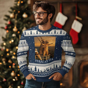 Vintage Feral At Sea Cruise Ugly Christmas Sweater Funny Raccoon Parody Movie TS14 Navy Beige Print Your Wear