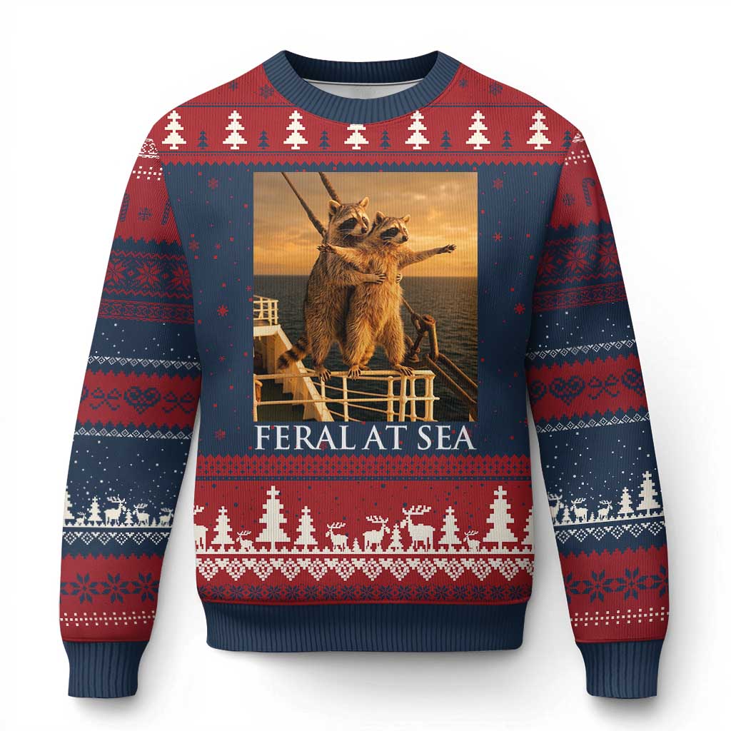 Vintage Feral At Sea Cruise Ugly Christmas Sweater Funny Raccoon Parody Movie TS14 Navy Red Print Your Wear