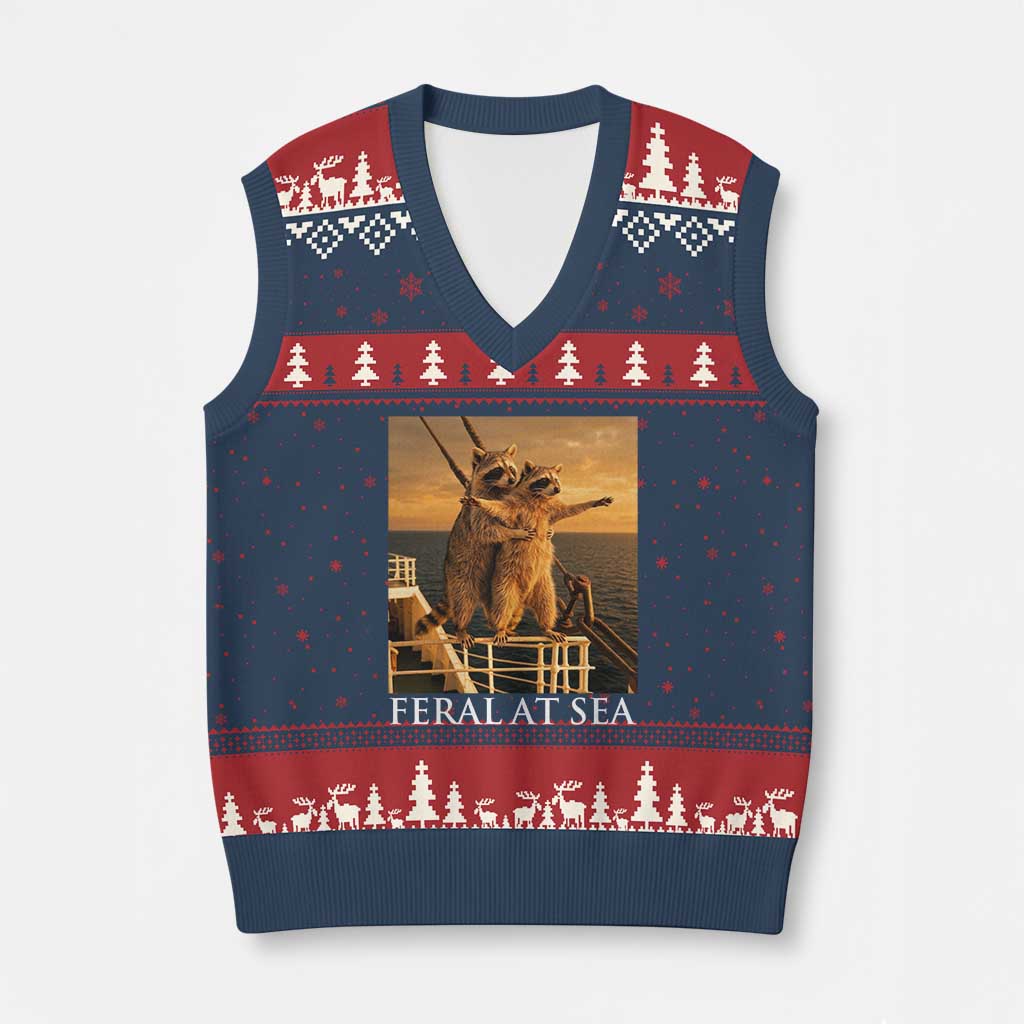 Vintage Feral At Sea Cruise V-Neck Knit Sweater Vest Funny Raccoon Parody Movie TS14 Navy Red Print Your Wear