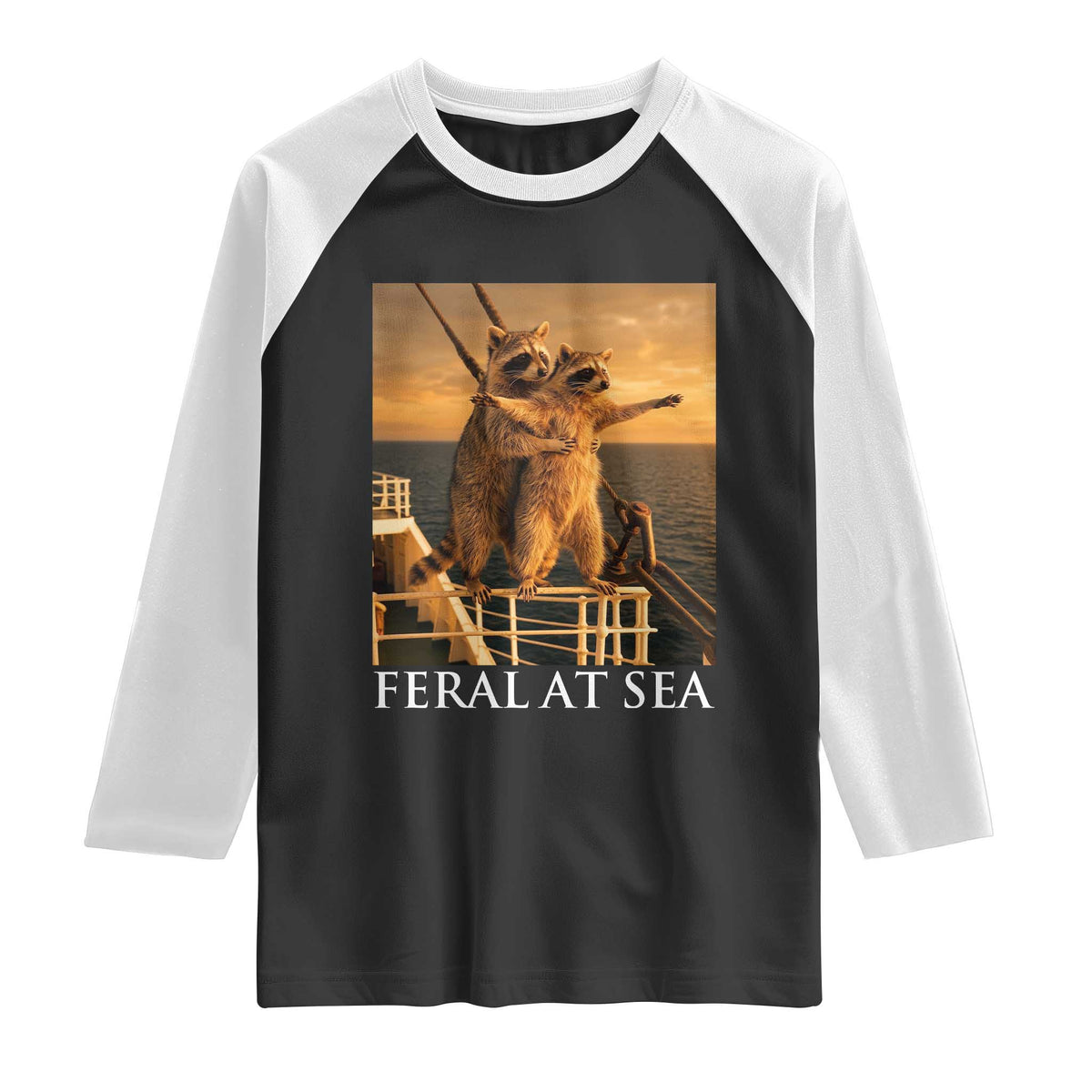 Vintage Feral At Sea Cruise Raglan Shirt Funny Raccoon Parody Movie TS14 Black White Print Your Wear
