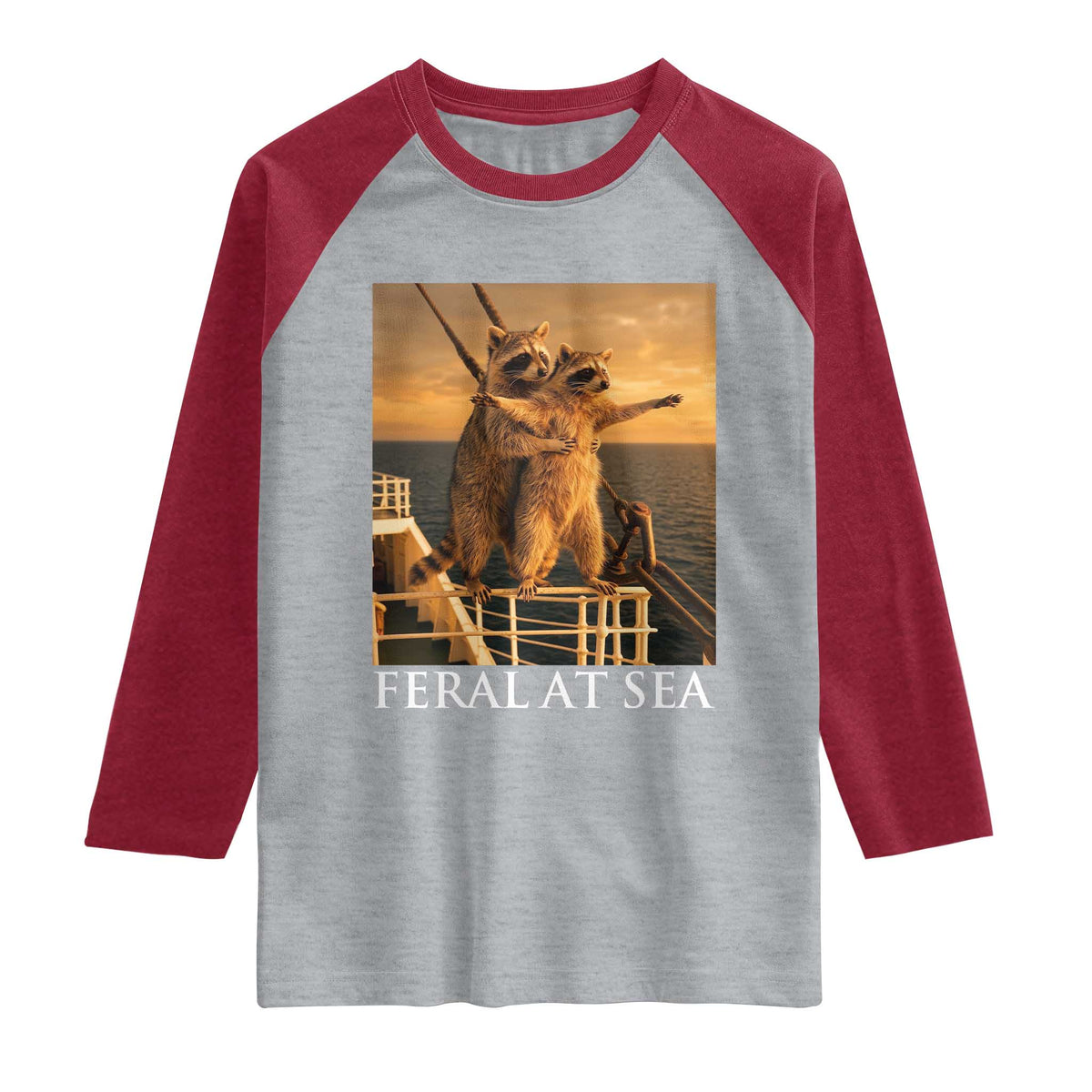 Vintage Feral At Sea Cruise Raglan Shirt Funny Raccoon Parody Movie TS14 Heather Gray Heather Red Print Your Wear