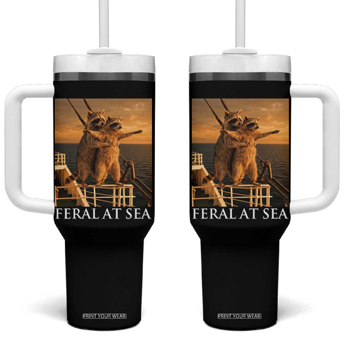 Vintage Feral At Sea Cruise Tumbler With Handle Funny Raccoon Parody Movie TS14 One Size: 40 oz Black Print Your Wear
