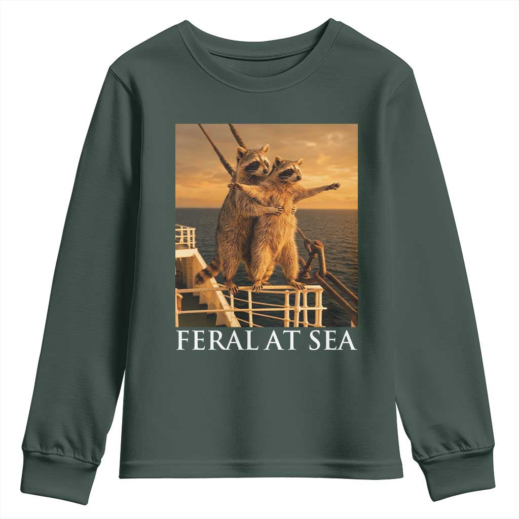 Vintage Feral At Sea Cruise Youth Sweatshirt Funny Raccoon Parody Movie TS14 Dark Forest Green Print Your Wear