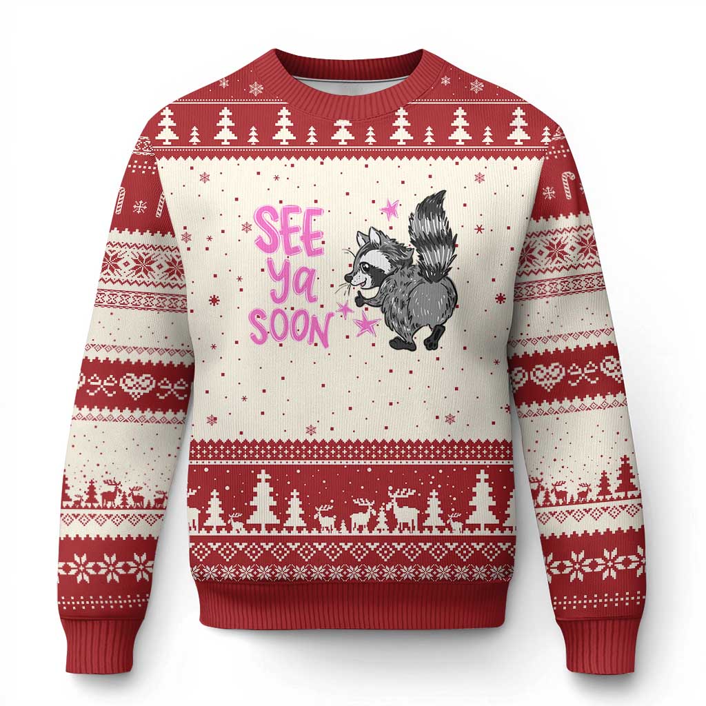 See Ya Soon Raccoon Ugly Christmas Sweater Funny Last Day Of School TS14 Beige Red Print Your Wear