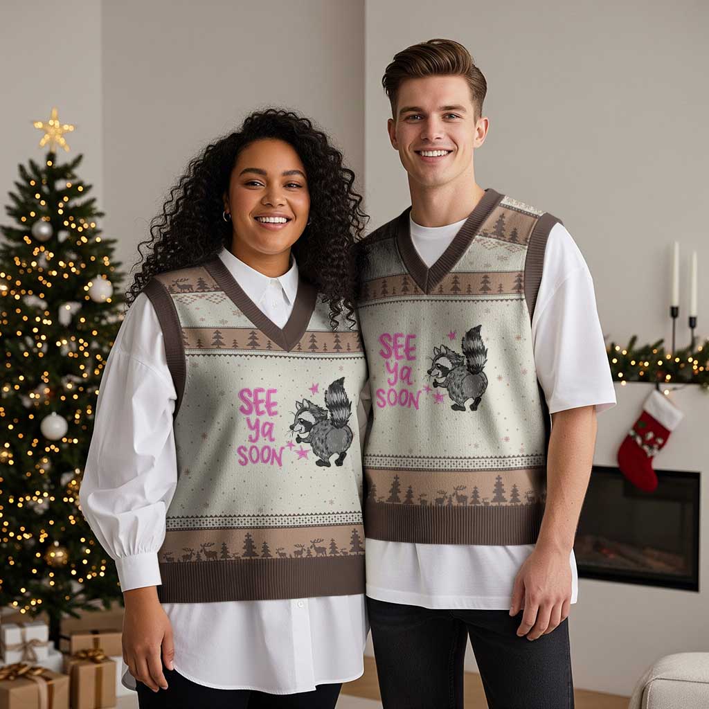 See Ya Soon Raccoon V-Neck Knit Sweater Vest Funny Last Day Of School TS14 Mocha Mousse Print Your Wear