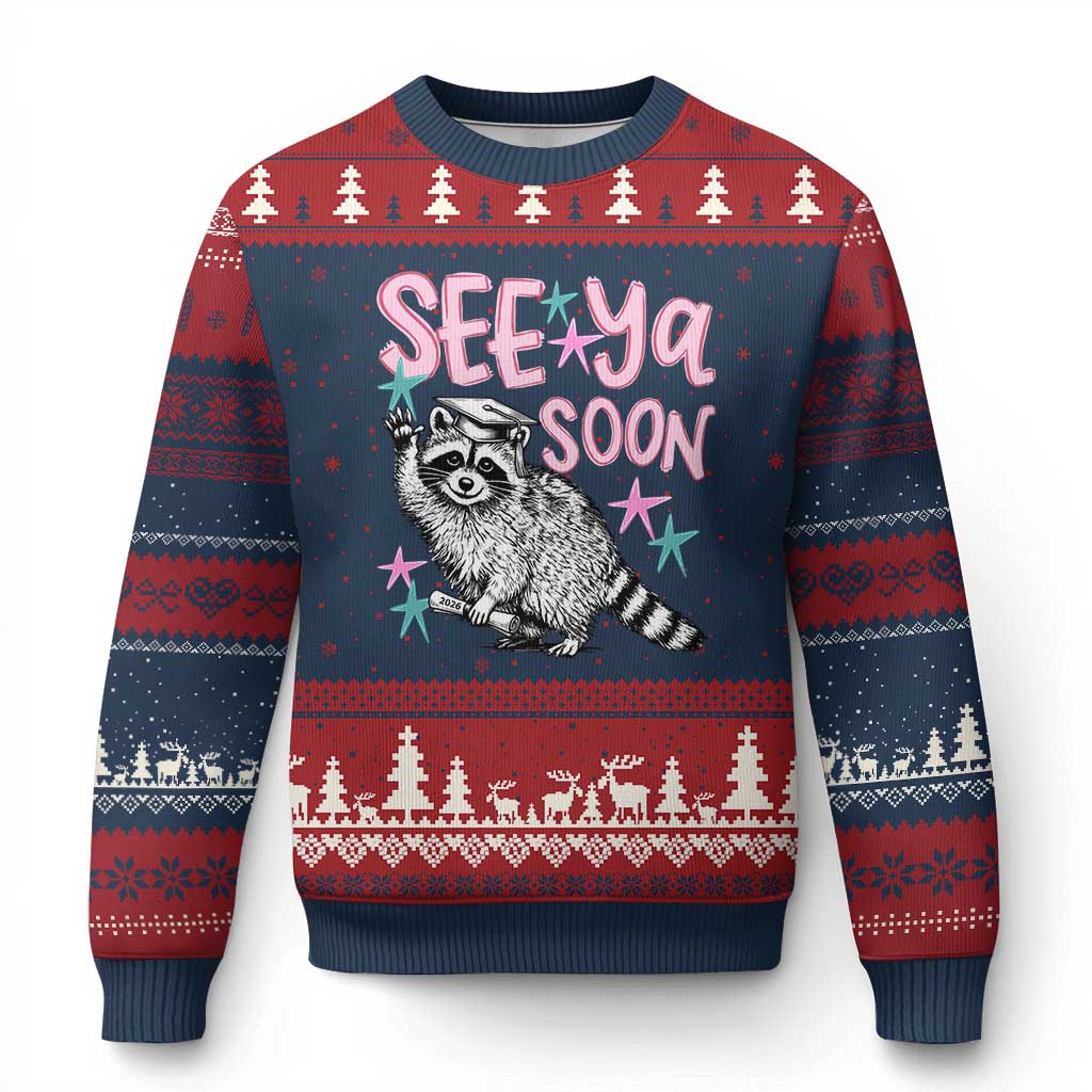 Funny Raccoon Graduation Ugly Christmas Sweater Senior Grad 2026 See Ya Soon TS14 Navy Red Print Your Wear