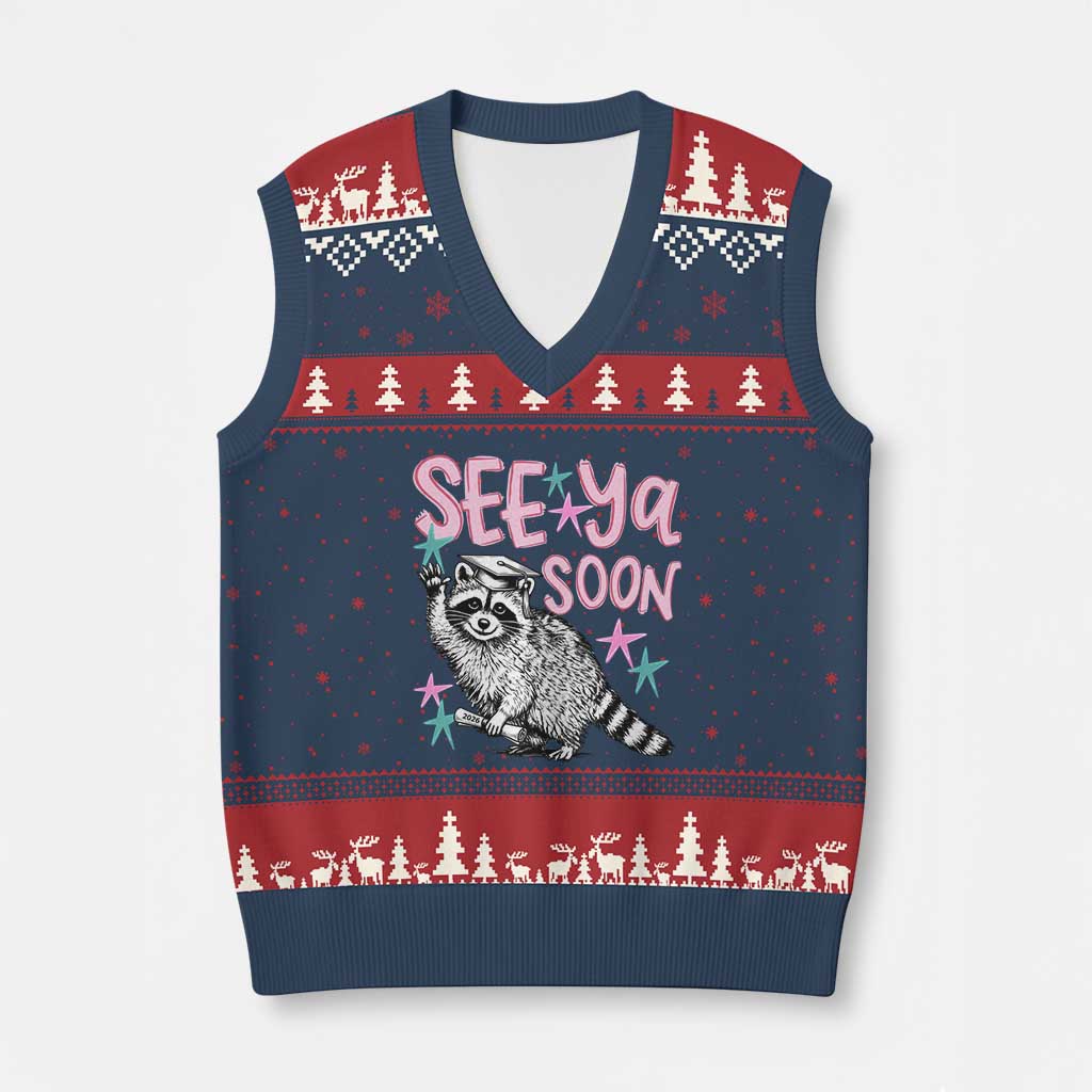 Funny Raccoon Graduation V-Neck Knit Sweater Vest Senior Grad 2026 See Ya Soon TS14 Navy Red Print Your Wear