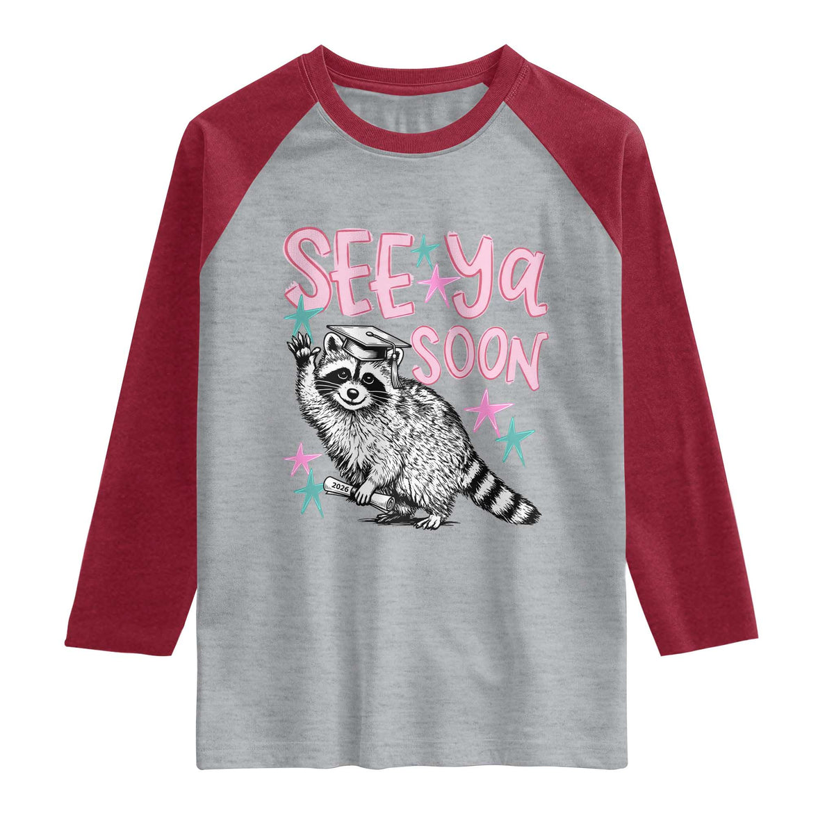 Funny Raccoon Graduation Raglan Shirt Senior Grad 2026 See Ya Soon TS14 Heather Gray Heather Red Print Your Wear