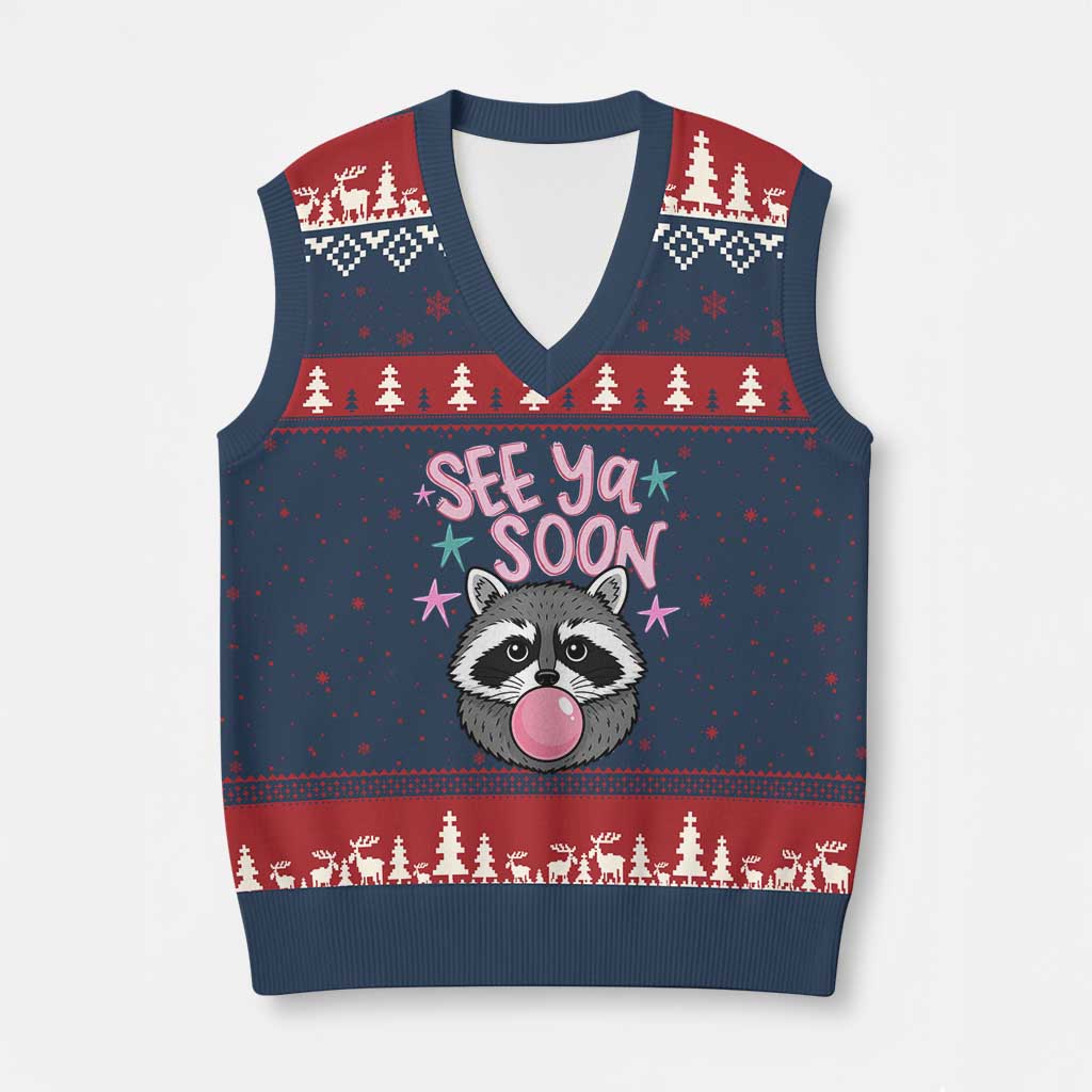 See Ya Soon V-Neck Knit Sweater Vest Funny Raccoon Summer Last Day Of School TS14 Navy Red Print Your Wear