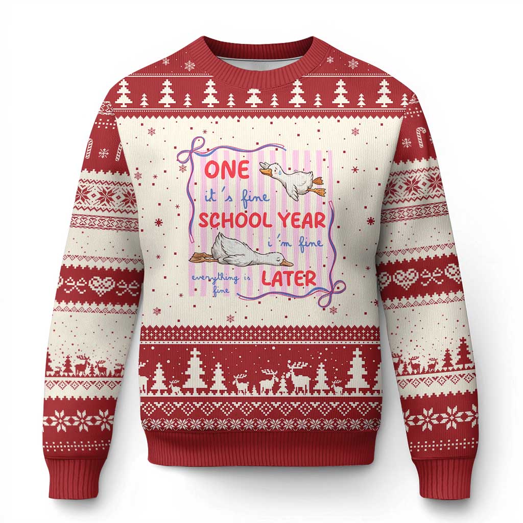 Striped One School Year Later Ugly Christmas Sweater Funny Goose Teacher Summer TS14 Beige Red Print Your Wear