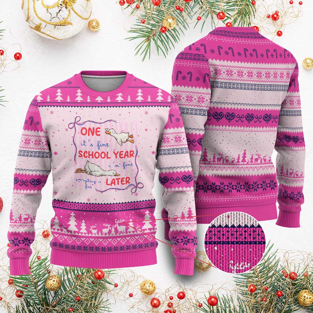 Striped One School Year Later Ugly Christmas Sweater Funny Goose Teacher Summer TS14 Hot Pink Print Your Wear