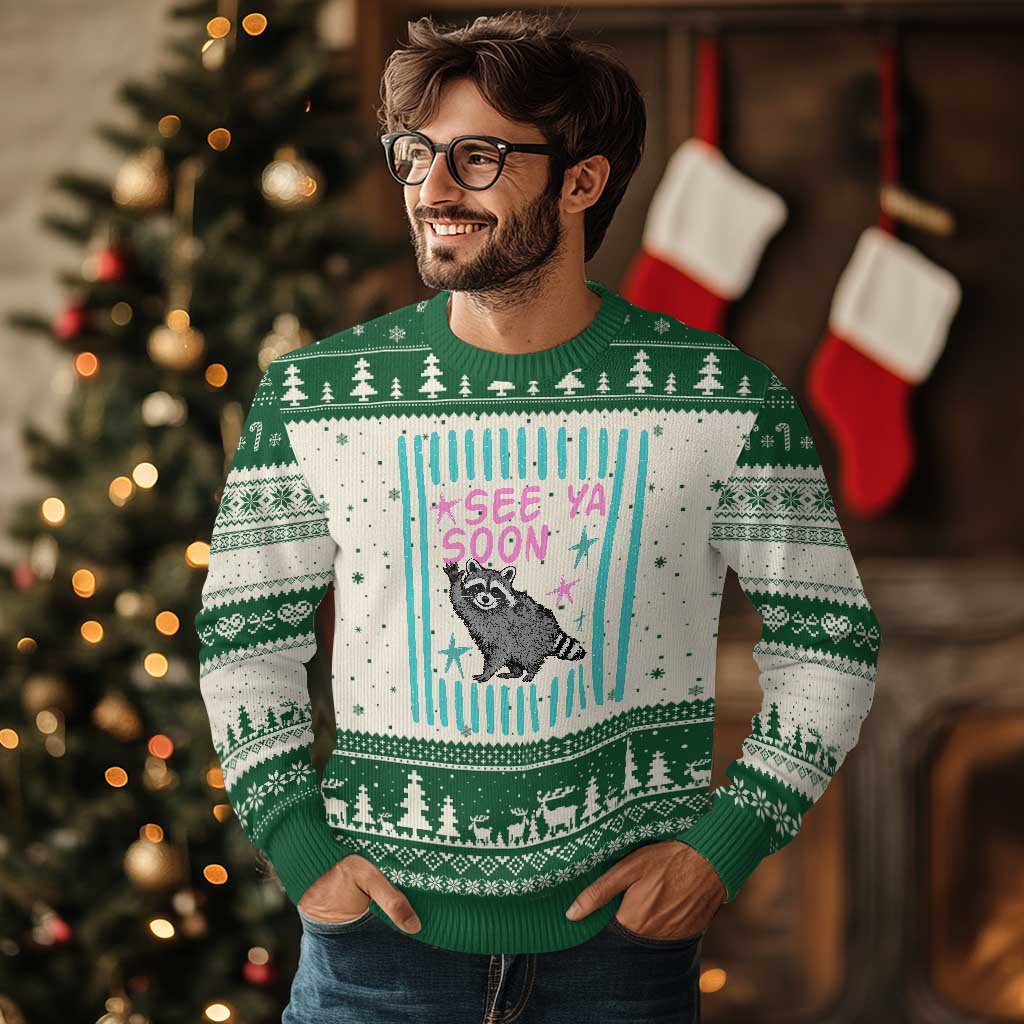 Striped Funny See Ya Soon Racoon Ugly Christmas Sweater Last Day Of School Teacher TS14 Beige Green Print Your Wear