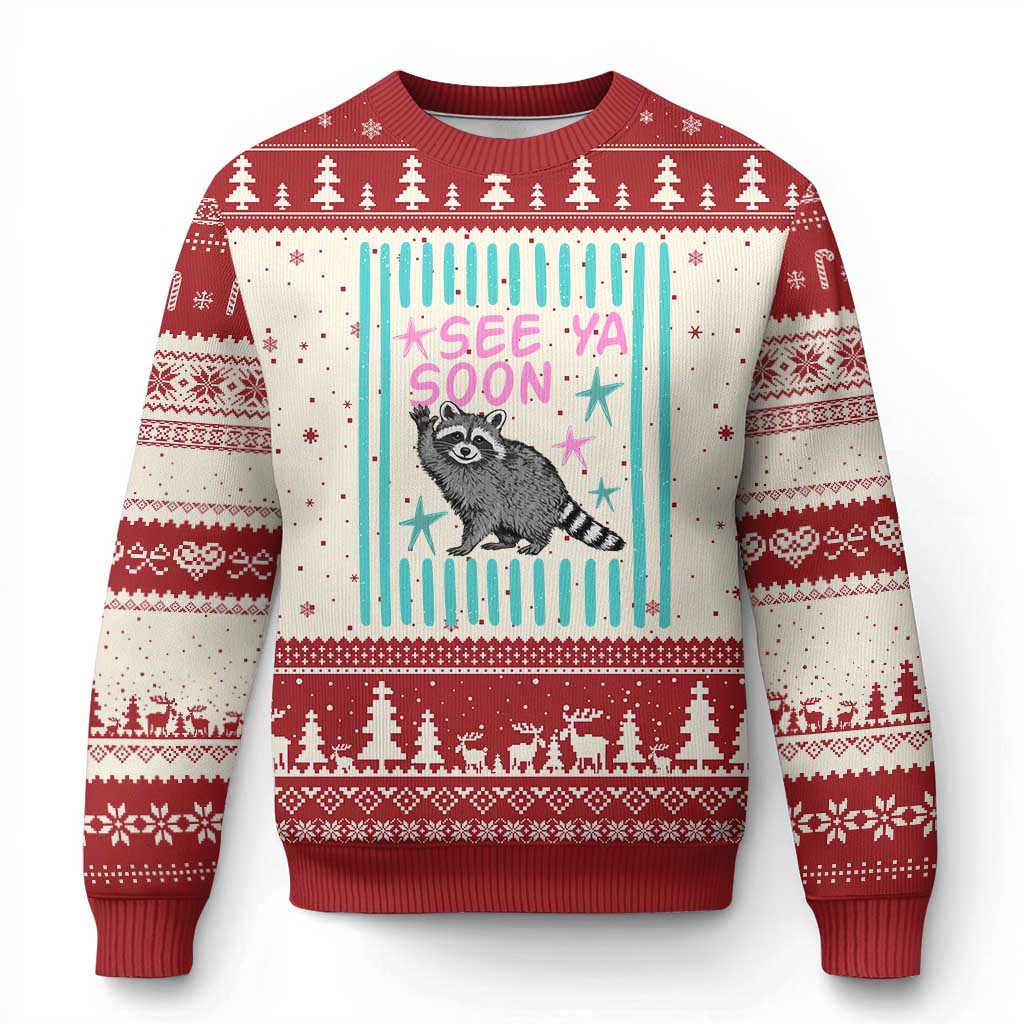 Striped Funny See Ya Soon Racoon Ugly Christmas Sweater Last Day Of School Teacher TS14 Beige Red Print Your Wear
