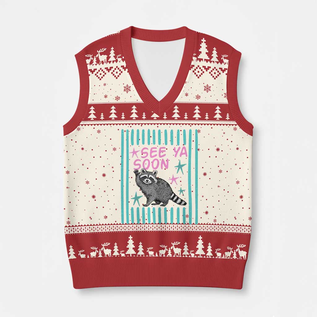 Striped Funny See Ya Soon Racoon V-Neck Knit Sweater Vest Last Day Of School Teacher TS14 Beige Red Print Your Wear