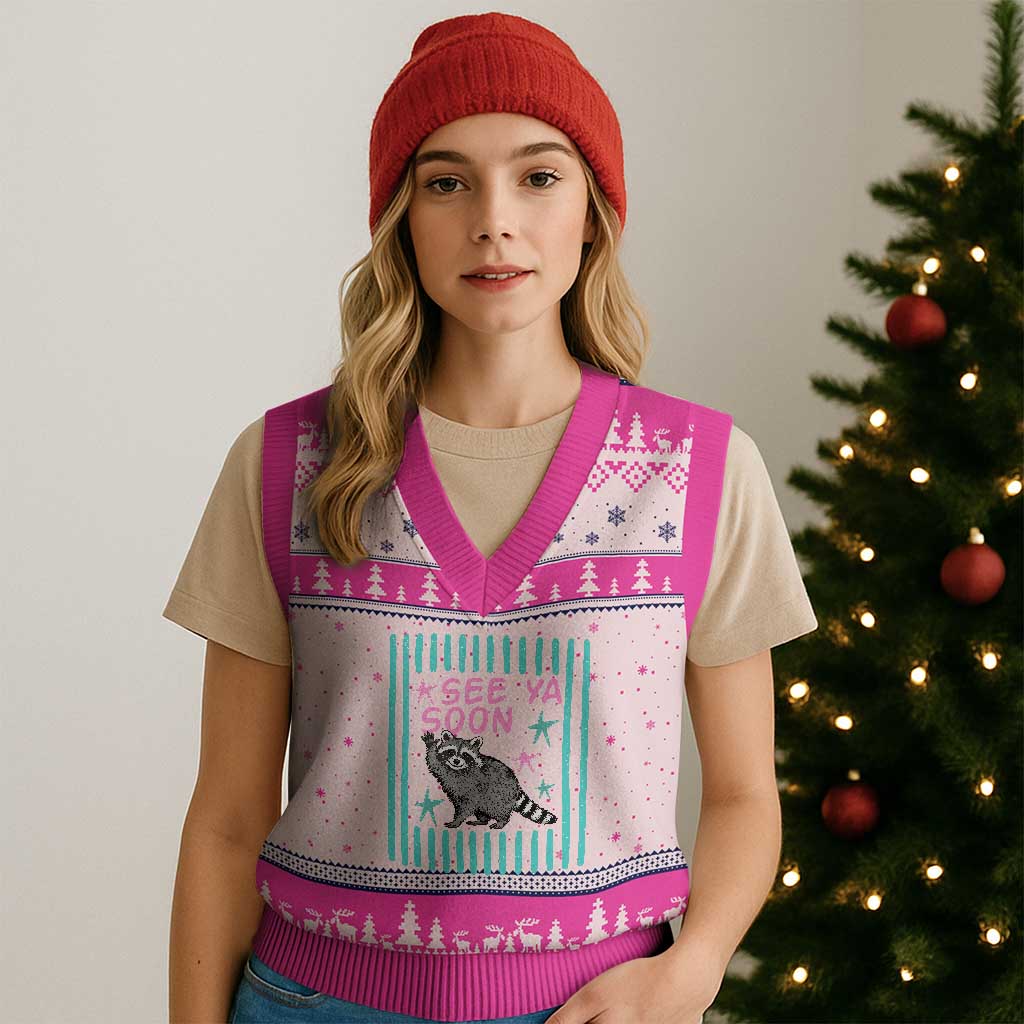 Striped Funny See Ya Soon Racoon V-Neck Knit Sweater Vest Last Day Of School Teacher TS14 Hot Pink Print Your Wear