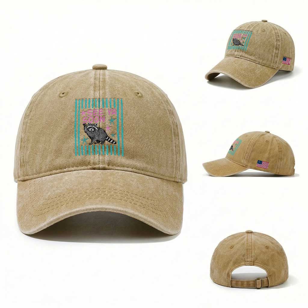 Striped Funny See Ya Soon Racoon Washed Cotton Baseball Cap Last Day Of School Teacher TS14 Washed Cap Universal Fit Khaki Print Your Wear