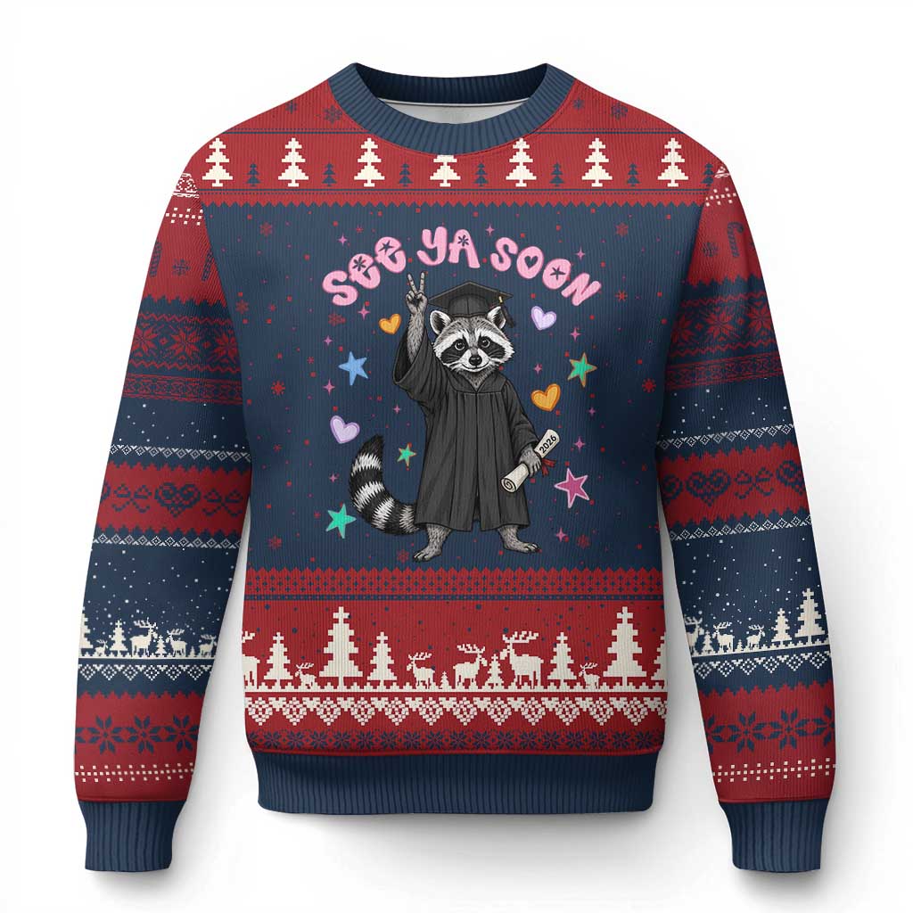 See Ya Soon Raccoon Ugly Christmas Sweater Funny Raccoon Graduation 2026 TS14 Navy Red Print Your Wear