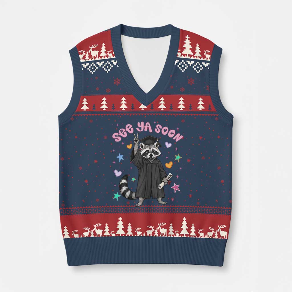 See Ya Soon Raccoon V-Neck Knit Sweater Vest Funny Raccoon Graduation 2026 TS14 Navy Red Print Your Wear