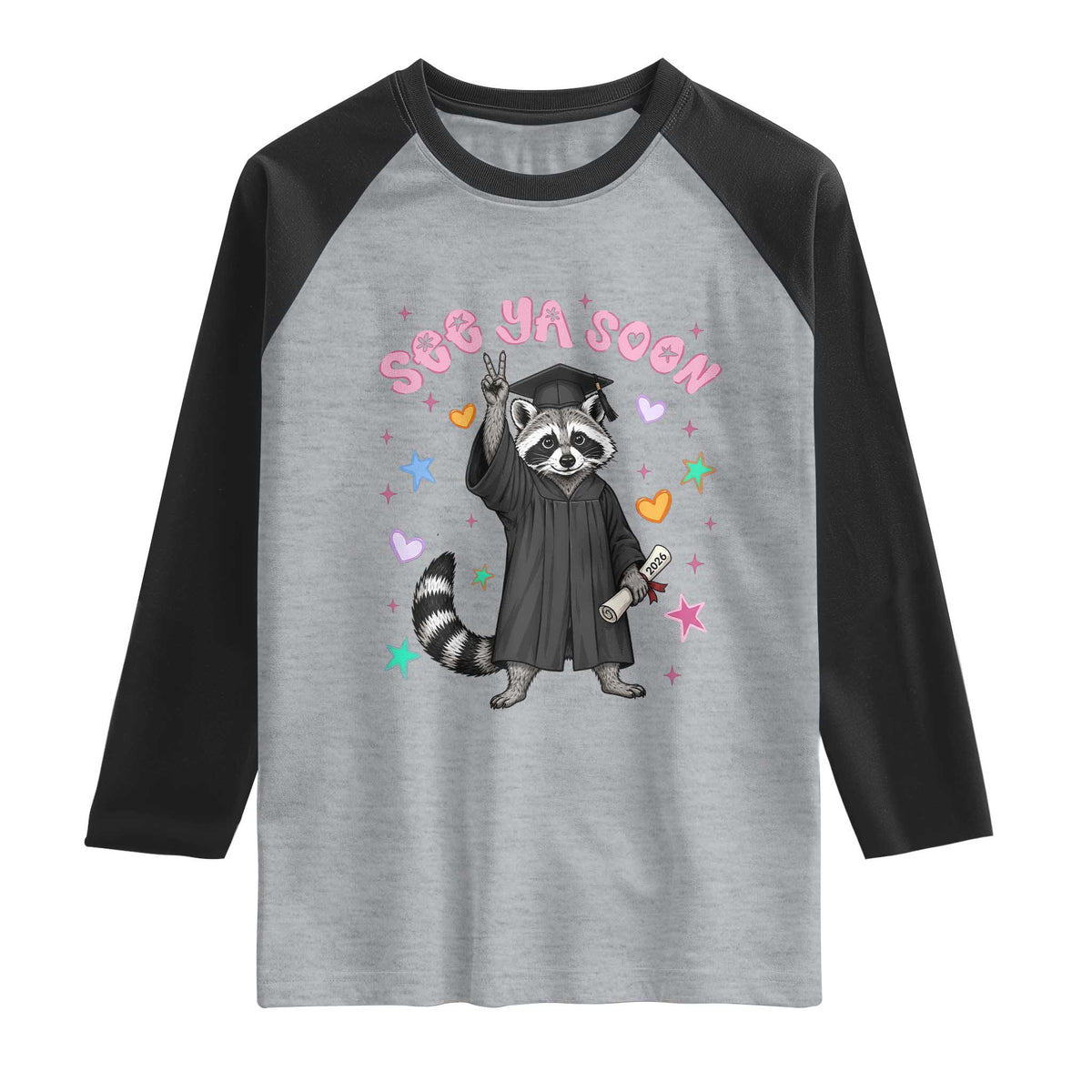 See Ya Soon Raccoon Raglan Shirt Funny Raccoon Graduation 2026 TS14 Heather Gray Black Print Your Wear