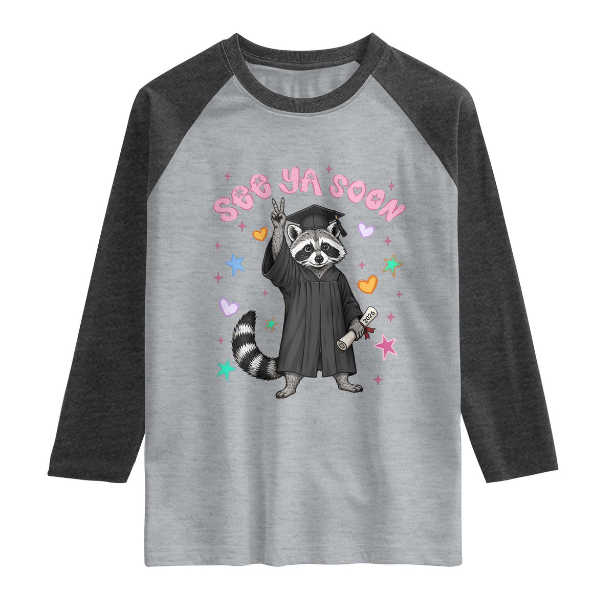 See Ya Soon Raccoon Raglan Shirt Funny Raccoon Graduation 2026 TS14 Heather Gray Heather Charcoal Print Your Wear