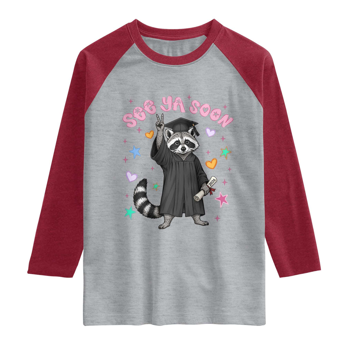 See Ya Soon Raccoon Raglan Shirt Funny Raccoon Graduation 2026 TS14 Heather Gray Heather Red Print Your Wear
