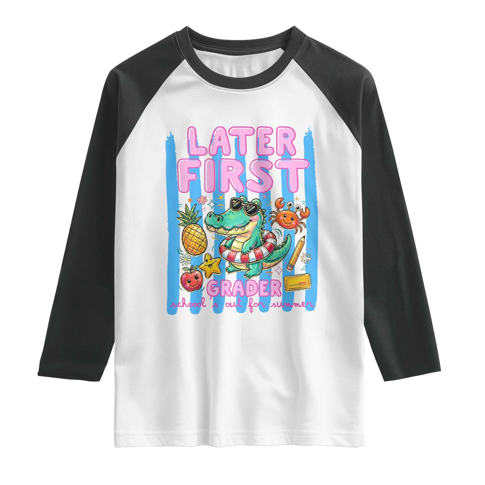 Later First Grader School's Out For Summer Raglan Shirt Last Day Of School Later Gator Alligator TS14 White Black Print Your Wear