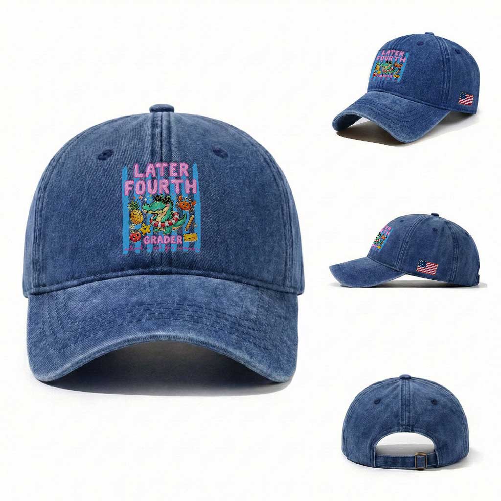 Later Fourth Grader School's Out For Summer Washed Cotton Baseball Cap Last Day Of School Later Gator Alligator TS14 Washed Cap Universal Fit Royal Blue Print Your Wear