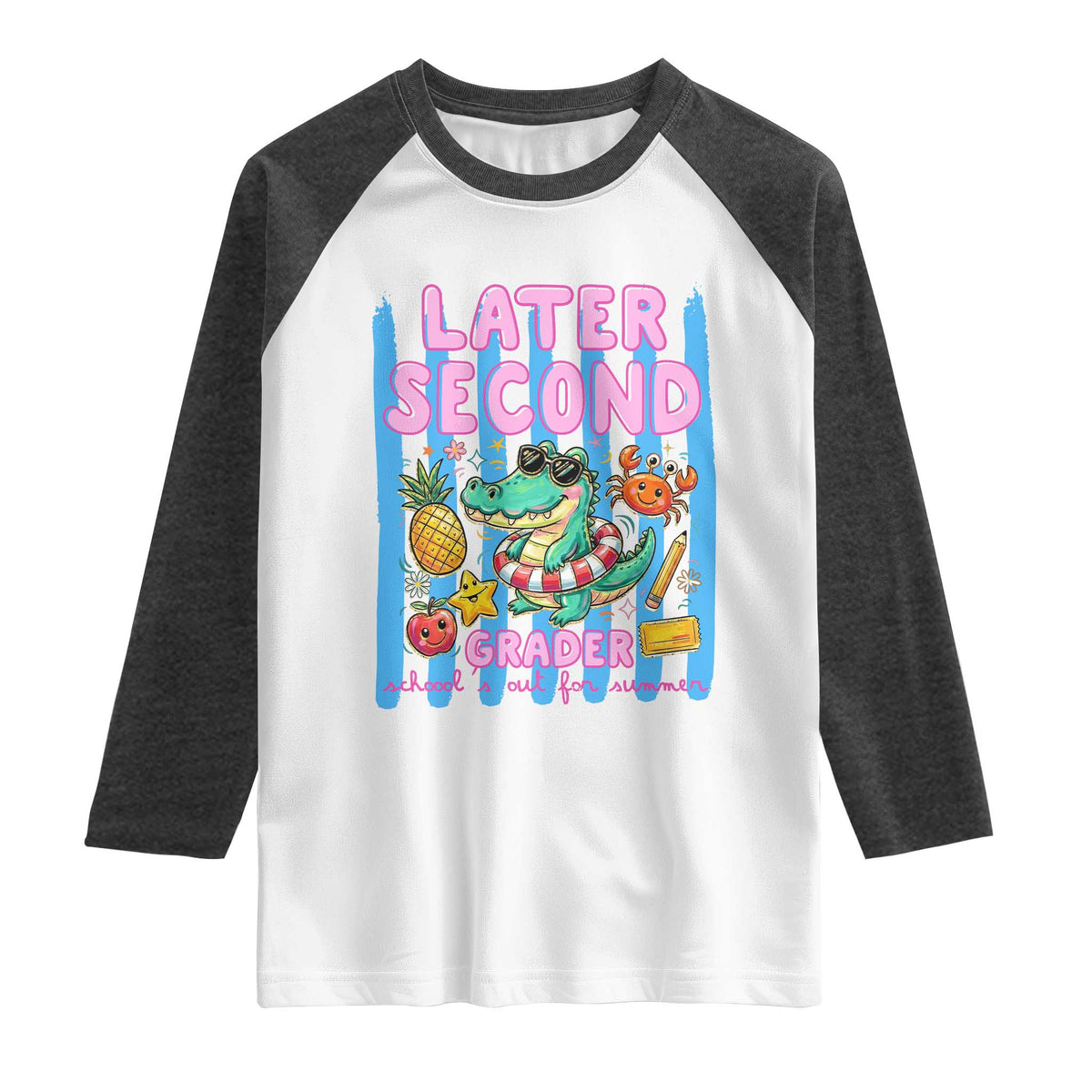 Later Second Grader School's Out For Summer Raglan Shirt Last Day Of School Later Gator Alligator TS14 White Heather Charcoal Print Your Wear