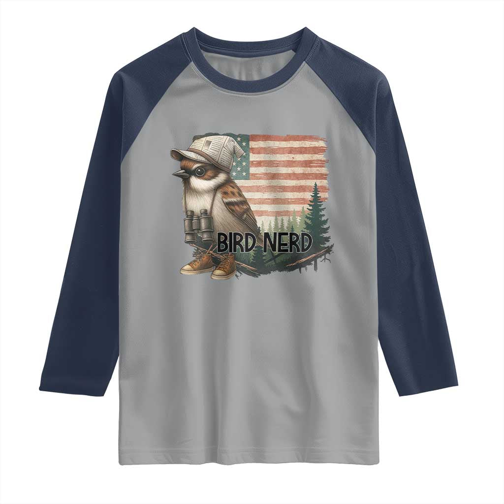 Bird Nerd Raglan Shirt Funny Bird Watching Patriotic American Flag TS14 Sport Gray Navy Print Your Wear