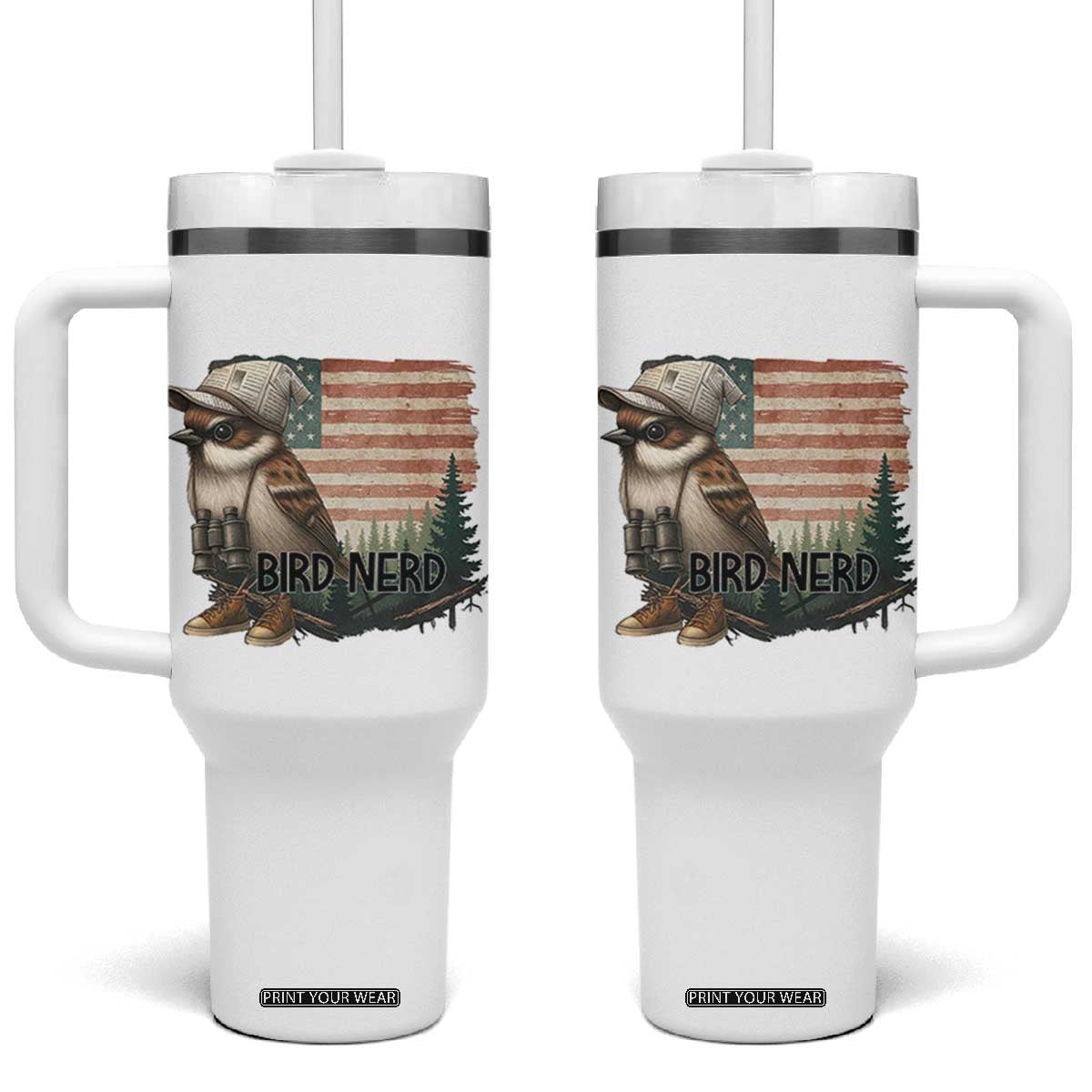 Bird Nerd Tumbler With Handle Funny Bird Watching Patriotic American Flag TS14 One Size: 40 oz White Print Your Wear