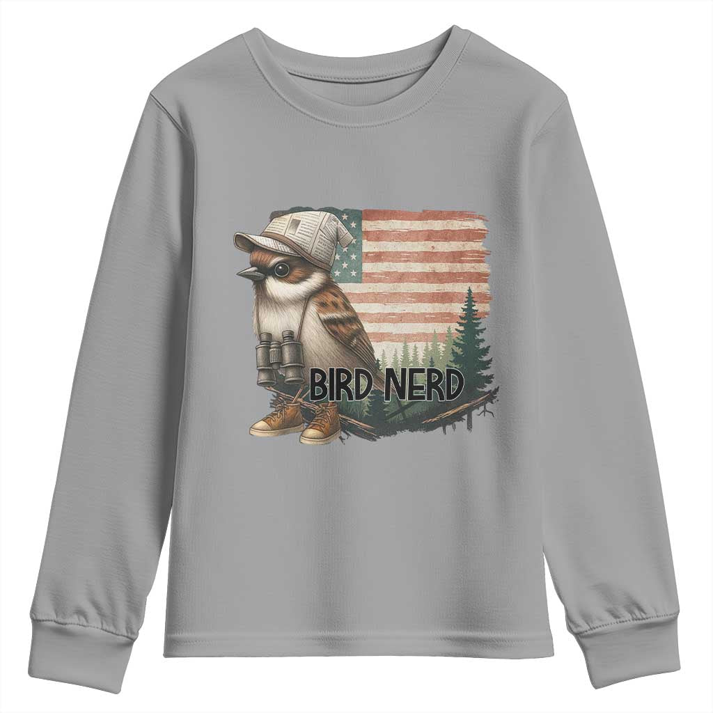 Bird Nerd Youth Sweatshirt Funny Bird Watching Patriotic American Flag TS14 Sport Gray Print Your Wear