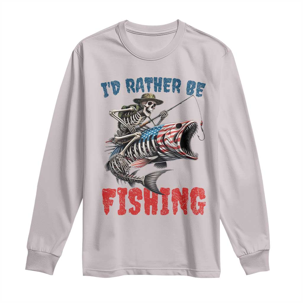 Funny Skeleton Fish Long Sleeve Shirt Id Rather Be Fishing Bass Fisherman Halloween TS14 Ice Gray Print Your Wear