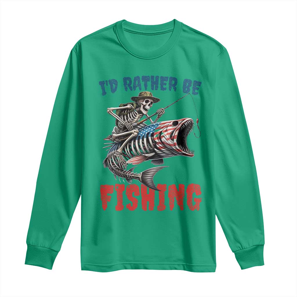Funny Skeleton Fish Long Sleeve Shirt Id Rather Be Fishing Bass Fisherman Halloween TS14 Irish Green Print Your Wear