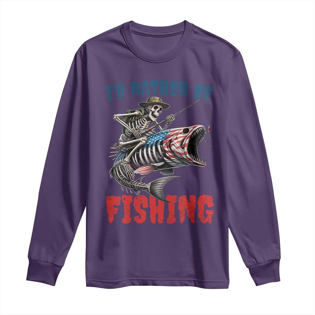 Funny Skeleton Fish Long Sleeve Shirt Id Rather Be Fishing Bass Fisherman Halloween TS14 Purple Print Your Wear