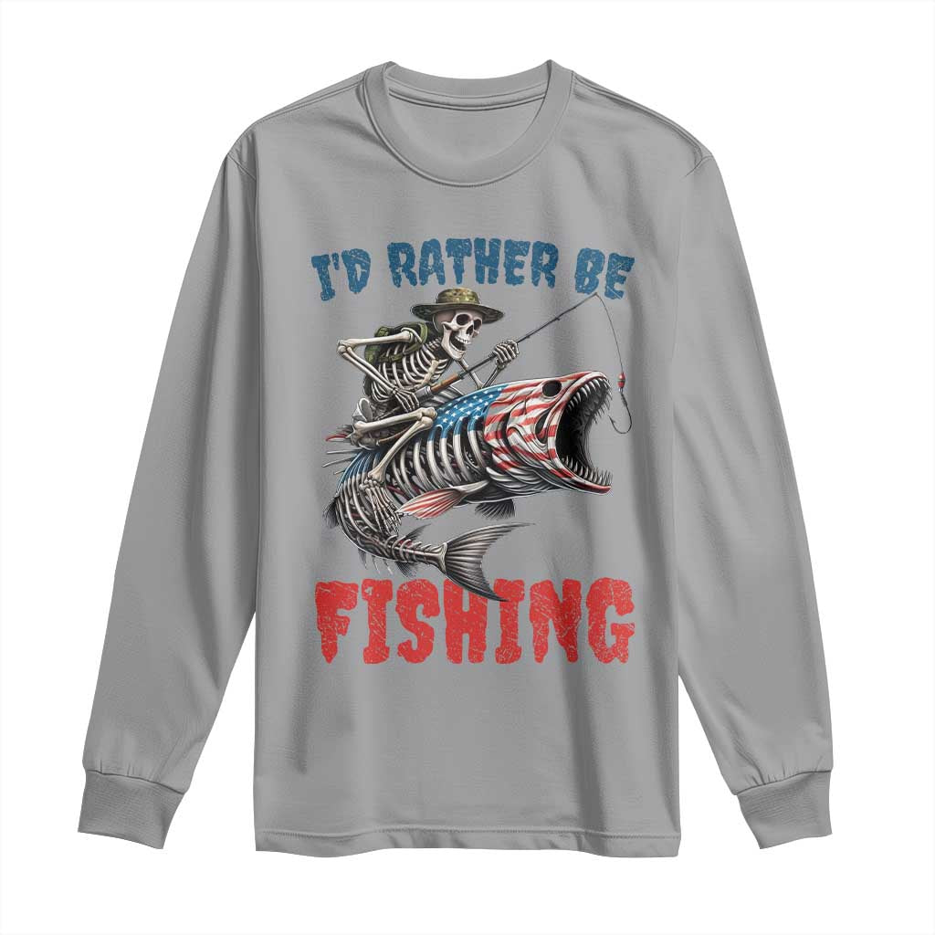 Funny Skeleton Fish Long Sleeve Shirt Id Rather Be Fishing Bass Fisherman Halloween TS14 Sport Gray Print Your Wear