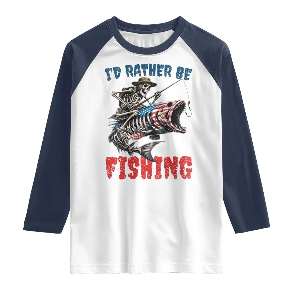 Funny Skeleton Fish Raglan Shirt Id Rather Be Fishing Bass Fisherman Halloween TS14 White Navy Print Your Wear