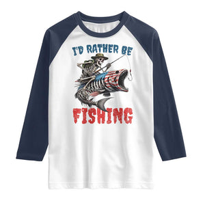 Funny Skeleton Fish Raglan Shirt Id Rather Be Fishing Bass Fisherman Halloween TS14 White Navy Print Your Wear