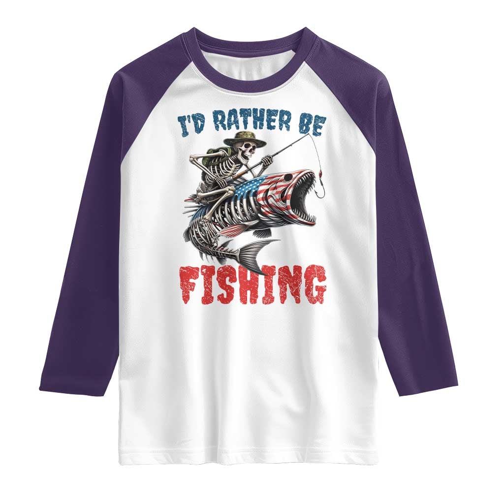 Funny Skeleton Fish Raglan Shirt Id Rather Be Fishing Bass Fisherman Halloween TS14 White Purple Print Your Wear