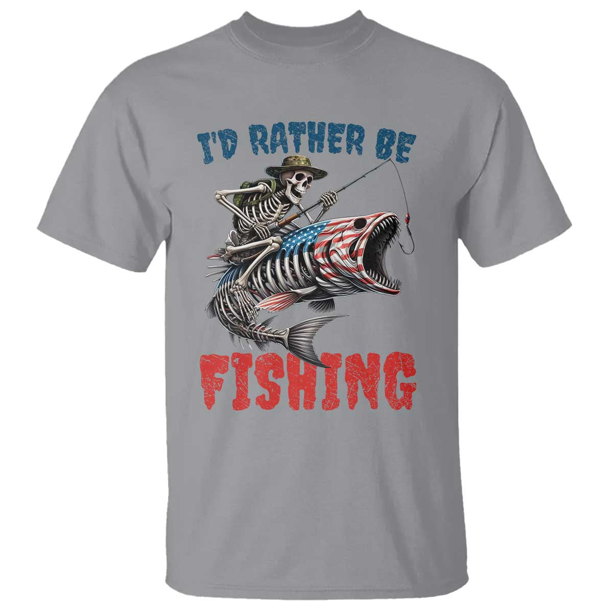 Funny Skeleton Fish T Shirt Id Rather Be Fishing Bass Fisherman Halloween TS14 Sport Gray Print Your Wear