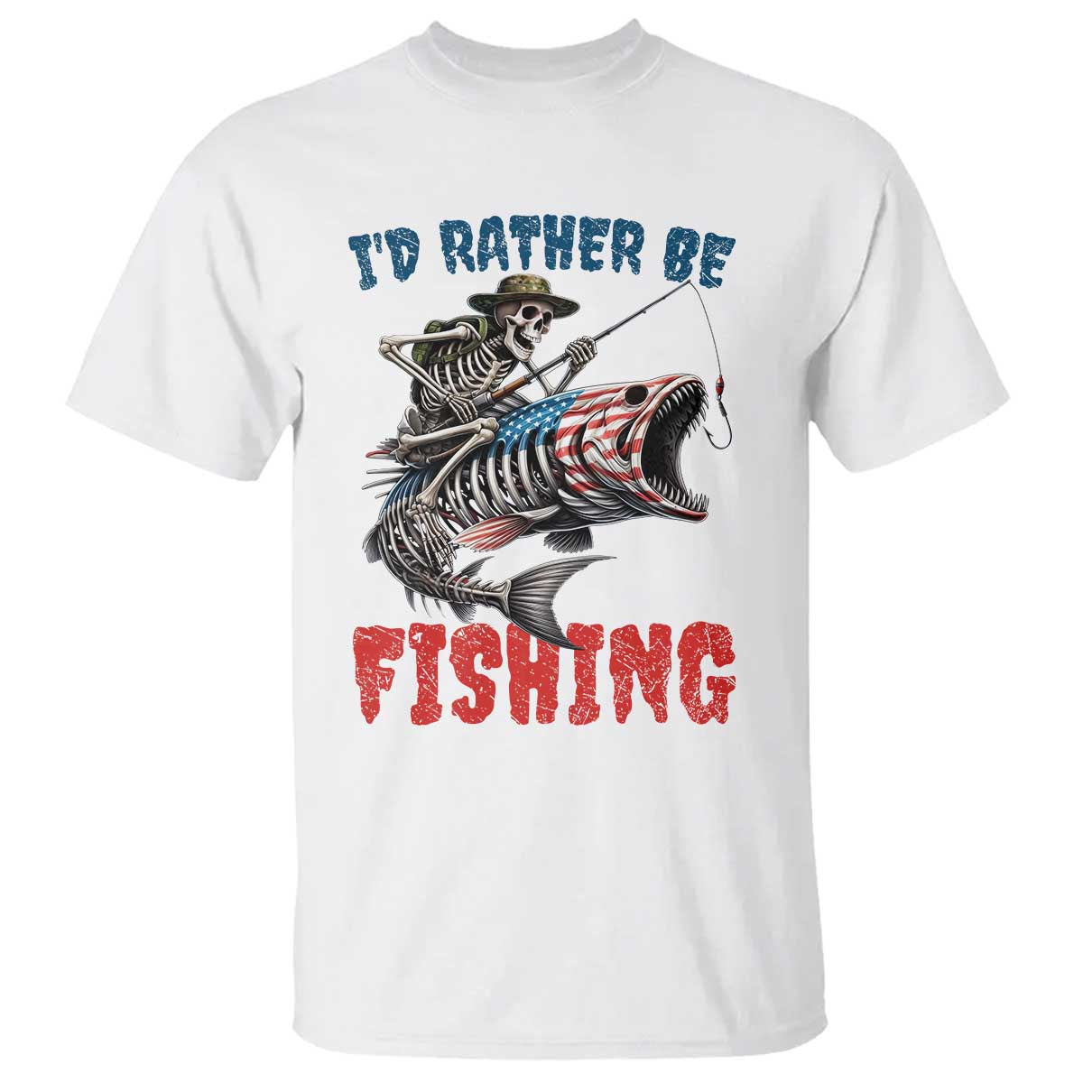 Funny Skeleton Fish T Shirt Id Rather Be Fishing Bass Fisherman Halloween TS14 White Print Your Wear
