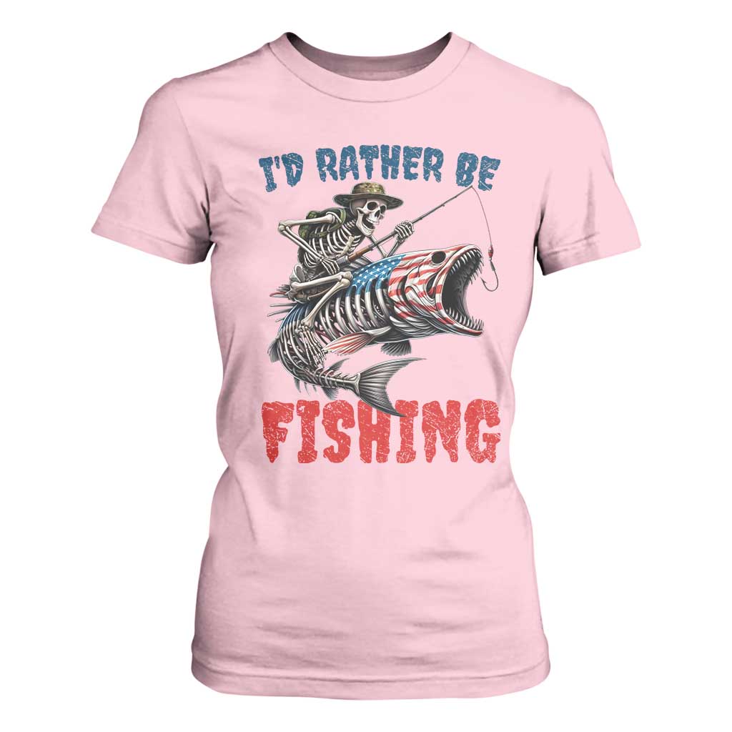 Funny Skeleton Fish T Shirt For Women Id Rather Be Fishing Bass Fisherman Halloween TS14 Light Pink Print Your Wear