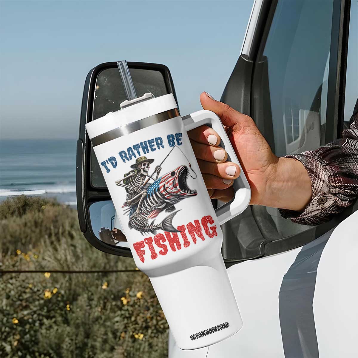 Funny Skeleton Fish Tumbler With Handle Id Rather Be Fishing Bass Fisherman Halloween TS14 Print Your Wear