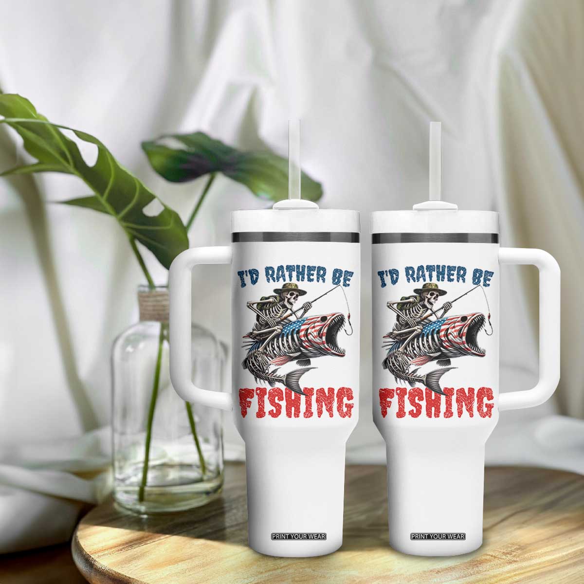 Funny Skeleton Fish Tumbler With Handle Id Rather Be Fishing Bass Fisherman Halloween TS14 Print Your Wear