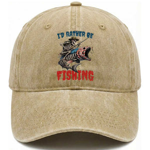 Funny Skeleton Fish Washed Cotton Baseball Cap Id Rather Be Fishing Bass Fisherman Halloween TS14 Washed Cap Universal Fit Khaki Print Your Wear