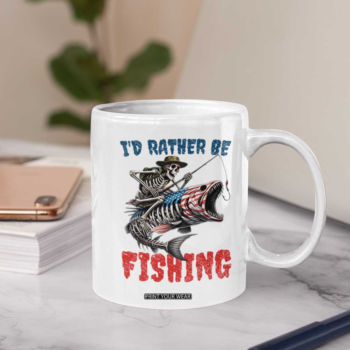 Funny Skeleton Fish Coffee Mug Id Rather Be Fishing Bass Fisherman Halloween TS14 Print Your Wear