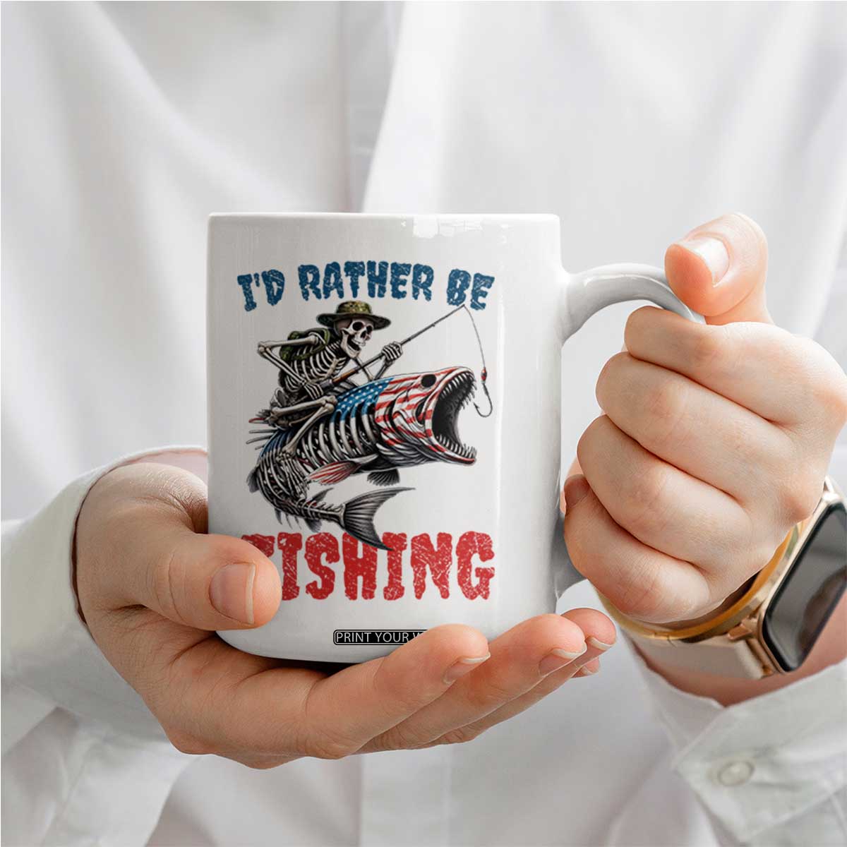 Funny Skeleton Fish Coffee Mug Id Rather Be Fishing Bass Fisherman Halloween TS14 Print Your Wear
